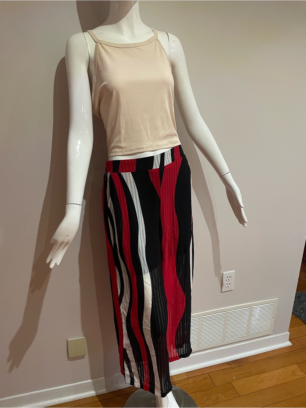 Wavy Stripe Midi Skirt - Black, Red & White